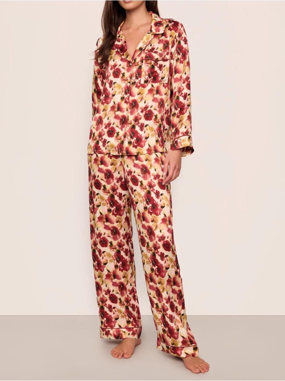 BRAND NEW Eberjey Floral Satin Pajama Set in Burgundy and Cream in Small